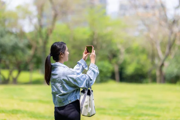 Γυναίκα Χρησιμοποιούν Κινητό Τηλέφωνο Για Τραβήξετε Φωτογραφία Στον Κήπο — Φωτογραφία Αρχείου
