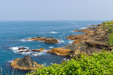 Okyanus dalgaları kayanın üzerinde kırılıyor