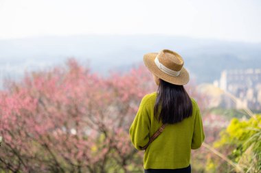 Gezgin kadın sakura ağacının tadını çıkar.