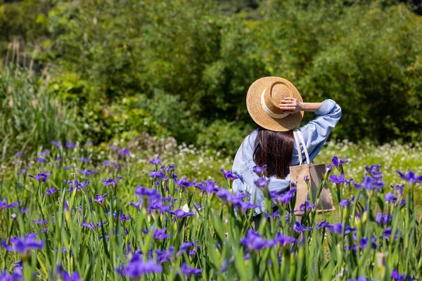 Woman Visit Flower Garden Iris Tectorum —  Fotos de Stock
