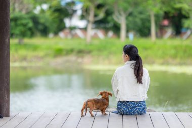 Dachshund köpeği olan kadın gölün yanındaki tahta zeminde oturuyor.