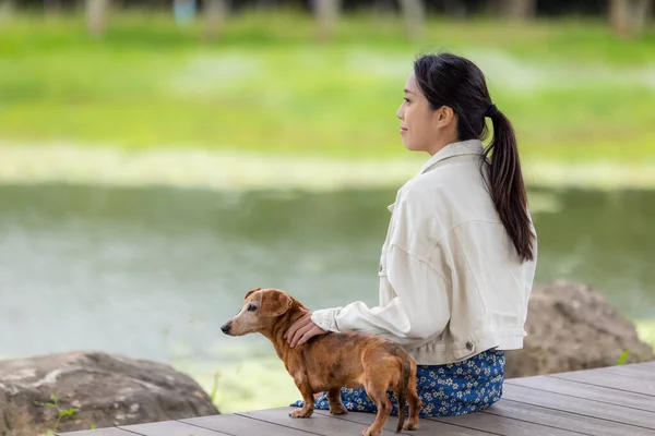 Mulher Com Seu Cão Dachshund Sentar Chão Madeira Lado Lago — Fotografia de Stock