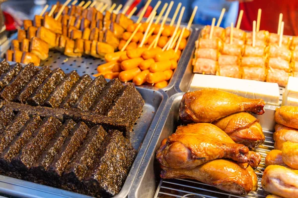 Different Meat Skewer Street Market — Stock Photo, Image