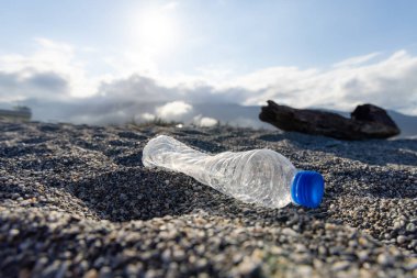 Plastik şişe çöpü plajda, kirlilik sorunu konsepti