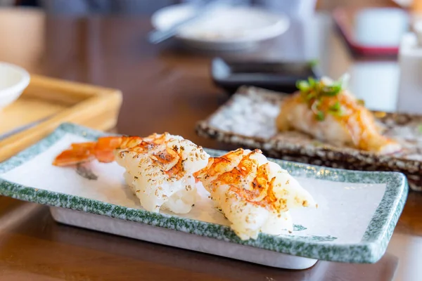 Creveți Proaspeți Grătar Sushi Restaurantul Japonez — Fotografie, imagine de stoc