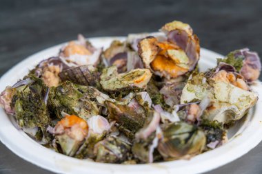 Izgara Kaz Midyeleri, deniz ürünleri hasat ediyor.