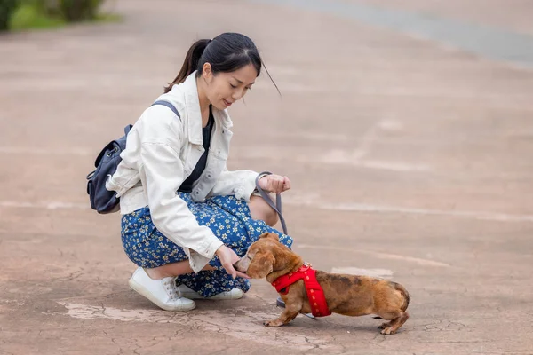 Woman feed her dog with snack at outdoor
