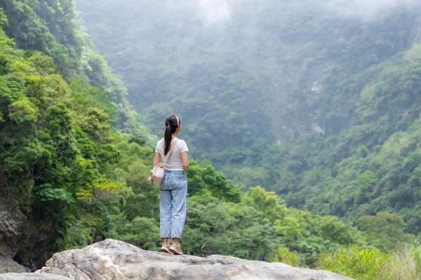 女は岩の上に立って森の景色を見る — ストック写真