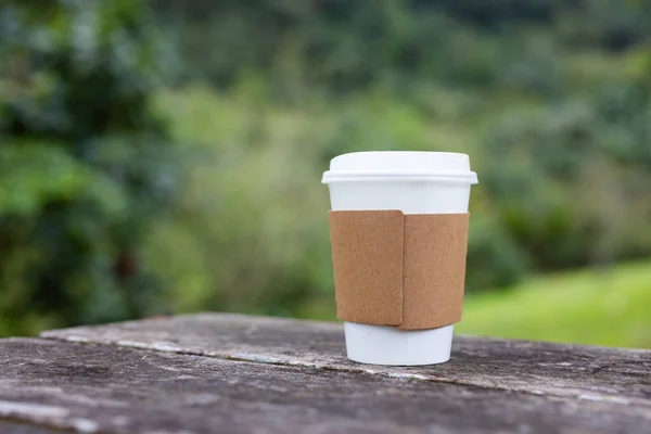 Yeşil Park Geçmişi Olan Bir Fincan Kağıt Kahve — Stok fotoğraf
