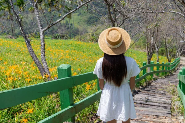 Travel Woman Flower Field Beautiful Orange Daylily Taimali Kinchen Mountain — Φωτογραφία Αρχείου