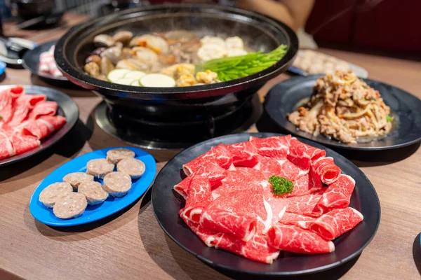 Hotpot Met Vers Stuk Vlees Eten Restaurant — Stockfoto
