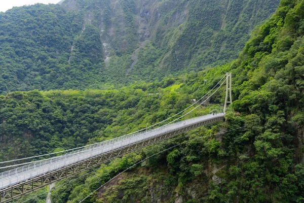 Askı köprüsü Hualien Taroko Geçidi 'ndeki Liwu Nehri' ni geçiyor.