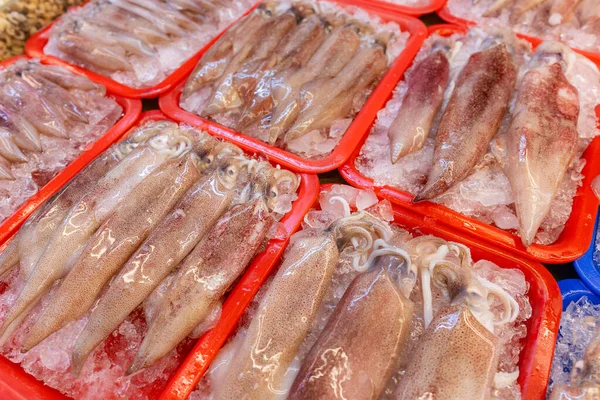 Verkauf Frischer Tintenfische Auf Dem Feuchten Markt — Stockfoto
