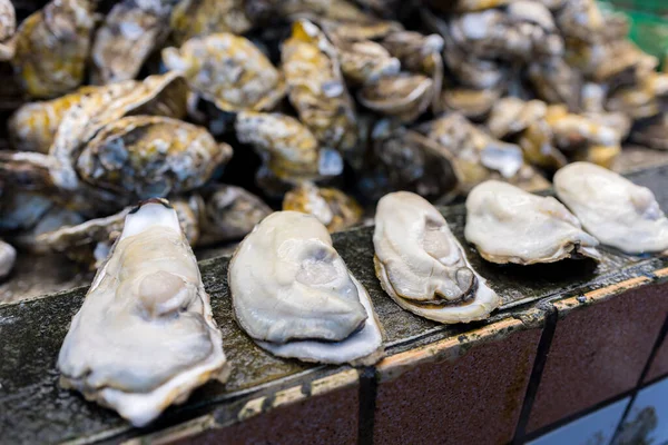 Islak pazarda satılık istiridye.