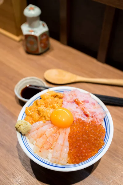 Sashimi Peixe Cru Marisco Tigela Arroz — Fotografia de Stock