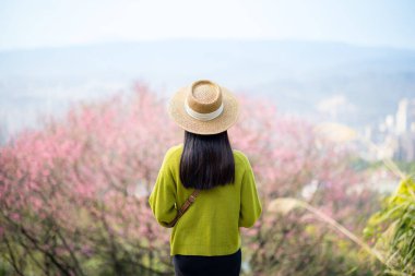 Sakura ağacı geçmişi olan turist kadın.