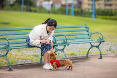 Kadın parkta köpeğiyle atıştırmalık bir şeyler yiyor.