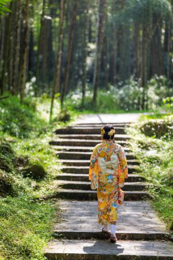 Kadınlar kimono giyer. Ormanda yürürler.