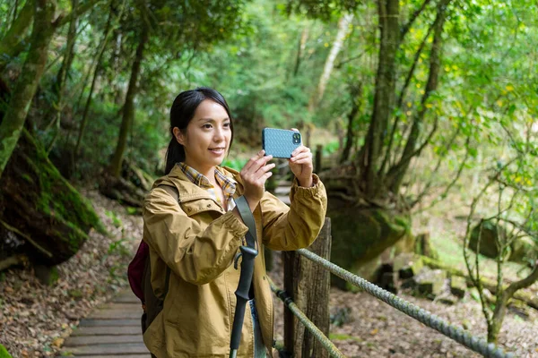 Femme Utiliser Téléphone Portable Pour Prendre Des Photos Dans Randonnée — Photo