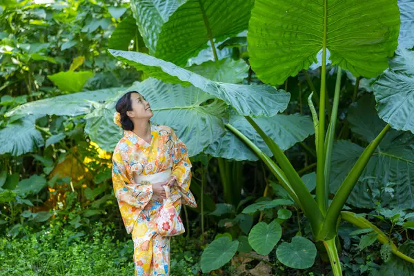 Donna Indossare Kimono Giallo Con Grande Congedo — Foto Stock