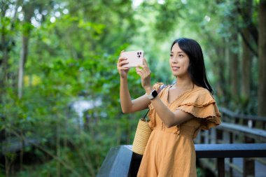 Turist kadın, Forest Park 'ta fotoğraf çekmek için cep telefonu kullanıyor.