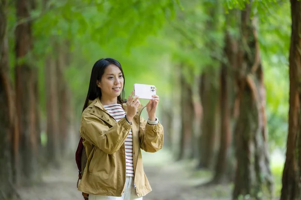 Mulher Caminhada Usa Celular Para Tirar Fotos Floresta — Fotografia de Stock