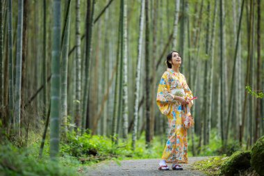 Asyalı kadın bambu ormanında Japon kimonosu giymeye çalışıyor.