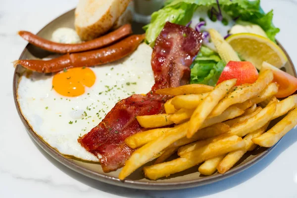 All Day Breakfast Dish Fries Bacon — Stock Photo, Image
