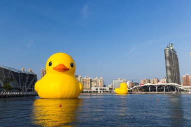 Tayvan - 01 Şubat 2024: Tayvan 'daki Kaohsiung Körfezi' nde sarı ördek