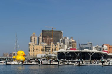 Tayvan - 02 Şubat 2024: Tayvan 'daki Kaohsiung Körfezi' nde sarı ördek