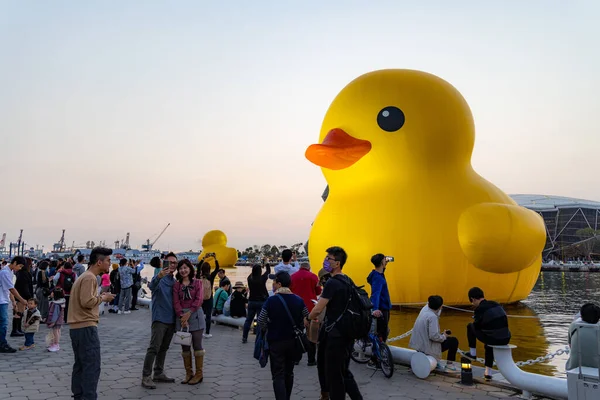 Tayvan - 01 Şubat 2024: Tayvan 'ın Kaohsiung Körfezi' nde akşam vakti sarı ördek