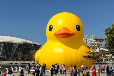 Tayvan - 02 Şubat 2024: Tayvan 'daki Kaohsiung Körfezi' nde sarı ördek