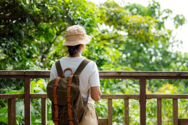 Ormanda yürüyüşe çıkan bir kadın.