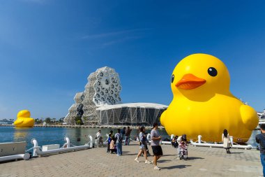 Kaohsiung, Tayvan - 01 Şubat 2024: Tayvan 'daki Kaohsiung Müzik Merkezi' nde plastik ördek
