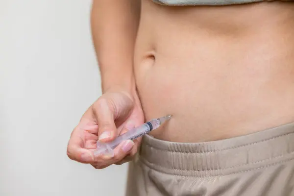 Woman Injects Hormones Belly Syringe — Stock Photo, Image