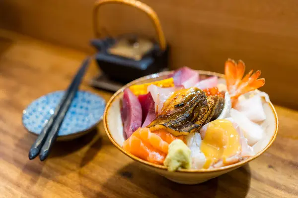 Blandat Sashimi Ris Don Japansk Restaurang — Stockfoto