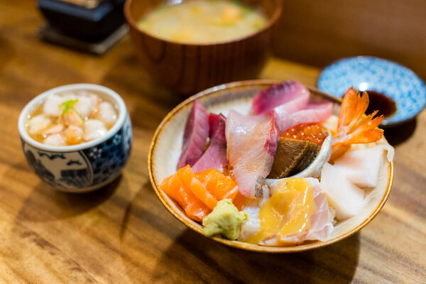 Assorted sashimi rice don in Japanese restaurant 