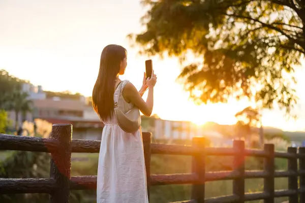 Mujer Tomar Fotos Teléfono Celular Bajo Sol Destello Campo —  Fotos de Stock