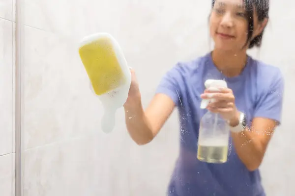 Mujer Limpiar Las Manchas Agua Dura Depósitos Baño Imagen de stock
