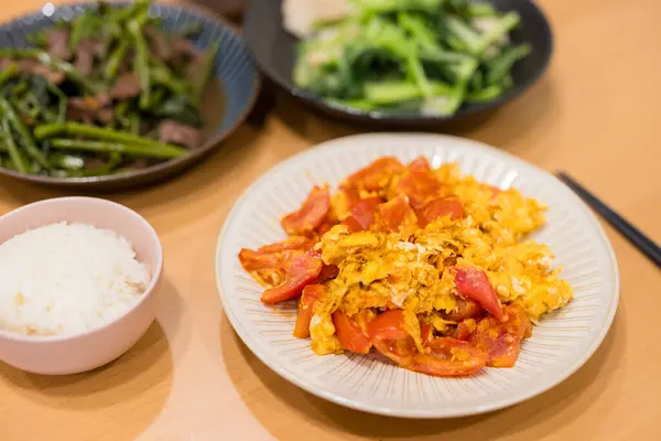 Stock image Asian family dinner with fry egg and beed with vegetable at home