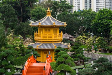  Hong Kong - 30 Mart 2024: Hong Kong 'daki Chi Lin Nunnery' de Altın Çadır
