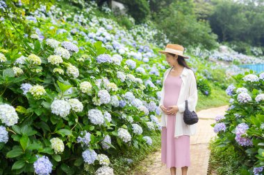 Hamile kadın ortanca çiçek bahçesinde yürüyor.