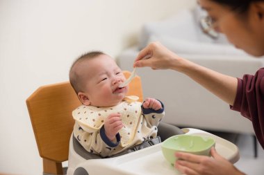 Anne bebeği bebek mamasıyla besliyor.