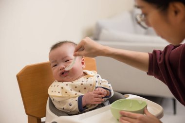 Anne bebeği bebek mamasıyla besliyor.