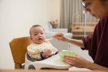 Anne bebeği besleyici bebek mamasıyla besliyor.