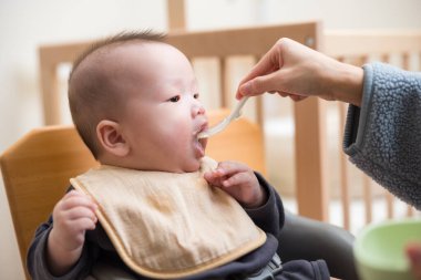 Küçük Bebek Kaşıkla İlk Katı Yiyeceği Dener