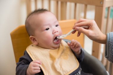 Bebek yüksek sandalyede otururken katı yiyecekler deniyor.