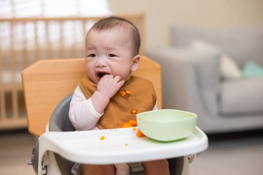 Mutlu bebek evde havuç atıştırmanın tadını çıkarıyor.