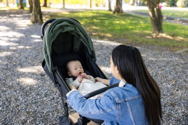 Anne ve bebek arabası yeşil parkta.