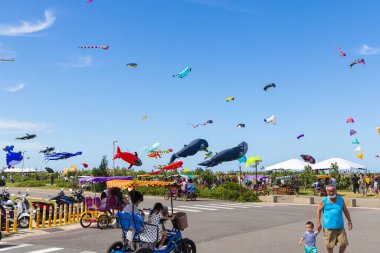 Tayvan 10 Eylül 2023: Hsinchu Uçurtma Festivali 'nde Renkli Uçurtmalar